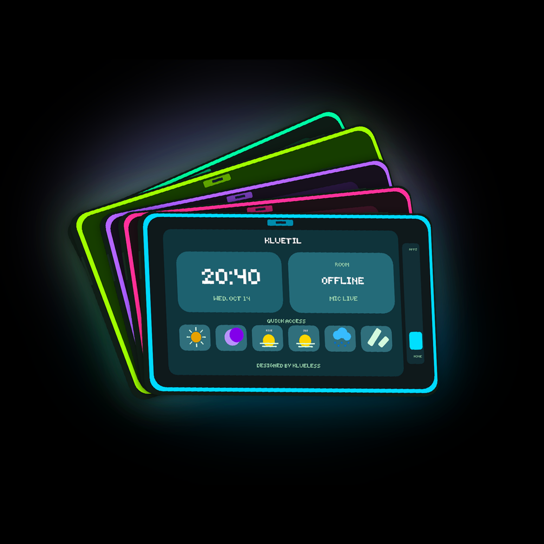Kluetil utility tablets in cyan, rose, violet, lime, and mint